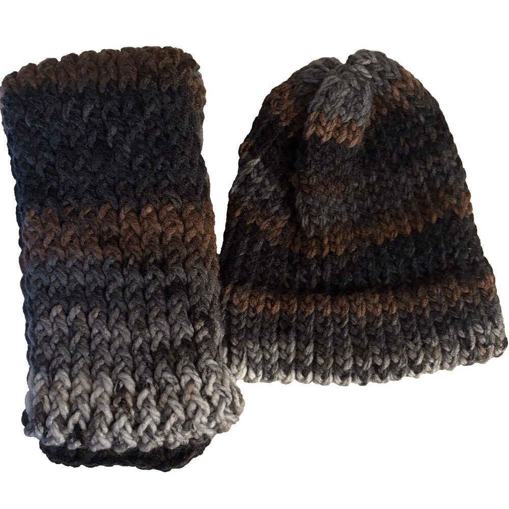 Handmade Kids Winter Beanie Hat and Scarf Set Multicolored Black Gray Brown Knit